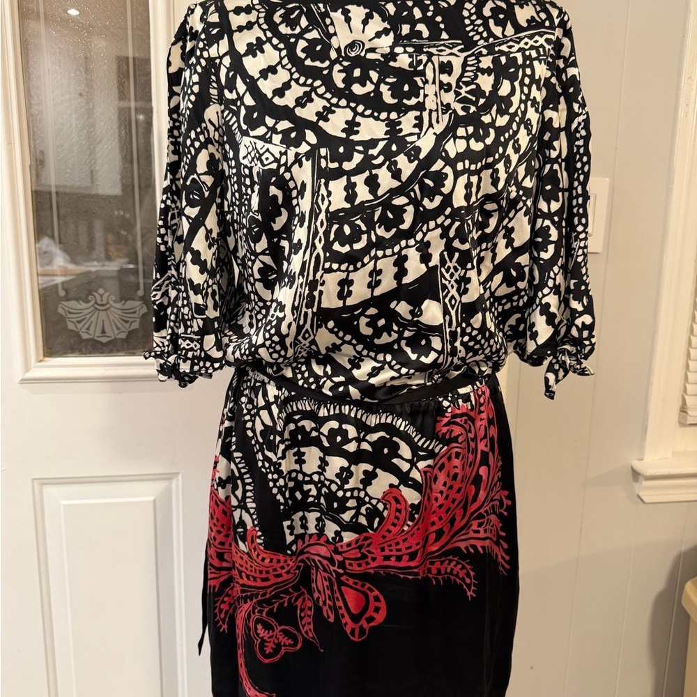 White House Black Market Black and White Mini Dress with Red Accents